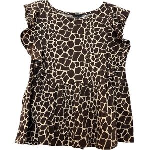 ANN TAYLOR Factory top, brown animal print, flutter sleeves. Waist seam, gathers